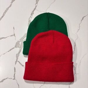 Pair of Unisex Soft Stretchy Acrylic Beanie Hat Cap OS Green Red